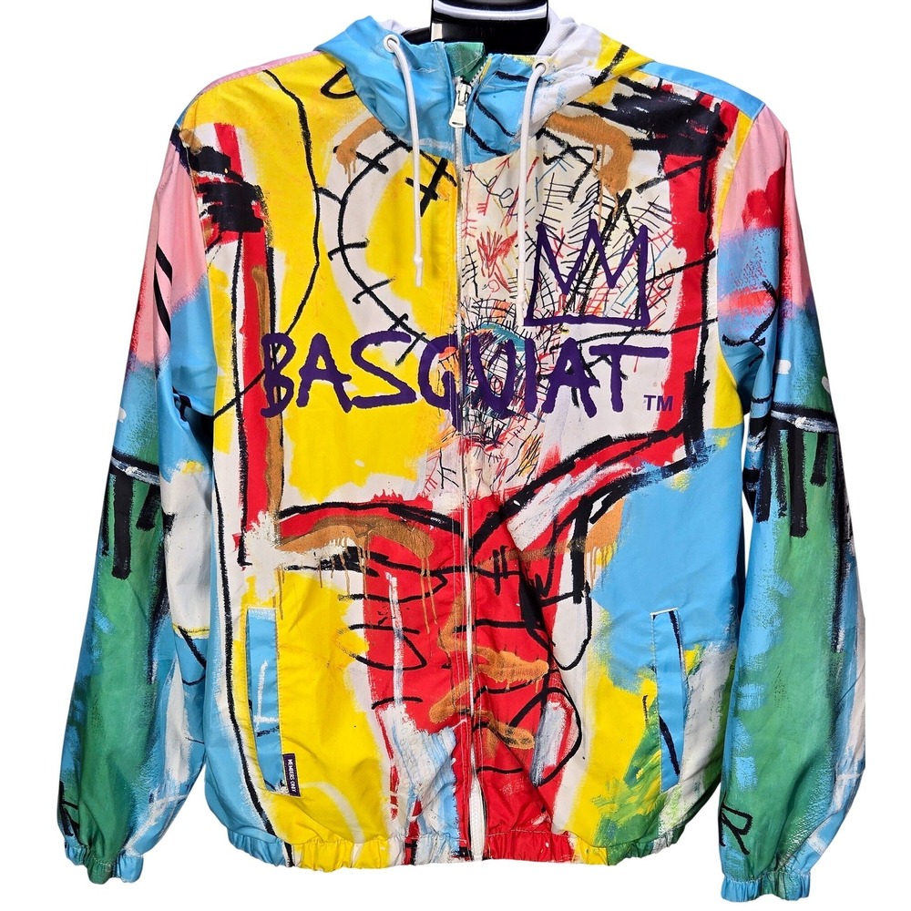 Men's Members Only Medium Basquiat Art Print Hooded Windbreaker Jacket Pop Art